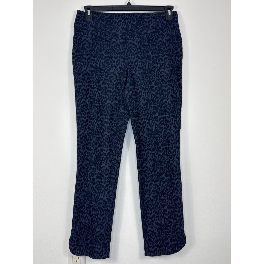 UP! Petal Ankle Pants Blue Black Leopard Print Curved Hem Slit Size 10 Travel